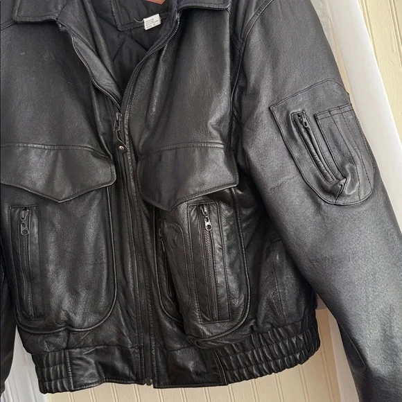 Vintage Weekends Black Genuine Leather Moto Bomber Jacket - Men's Size Medium - Picture 6 of 12